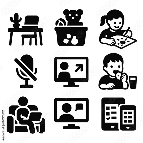 Remote Work Icons. Solid, filled icons set of remote work with kids: home desk, toy bin, child drawing, muted