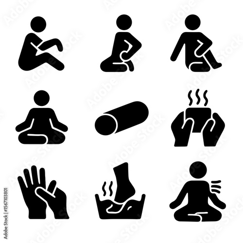 Yoga Arthritis Icons. Solid, filled icon set of yoga for arthritis pain relief: wrist stretch, knee support, gentle twist, seated