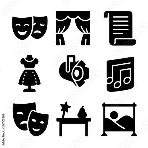 Renaissance Theater Icons. Solid, filled icons set of renaissance theatrical crafts: mask, stage curtain,