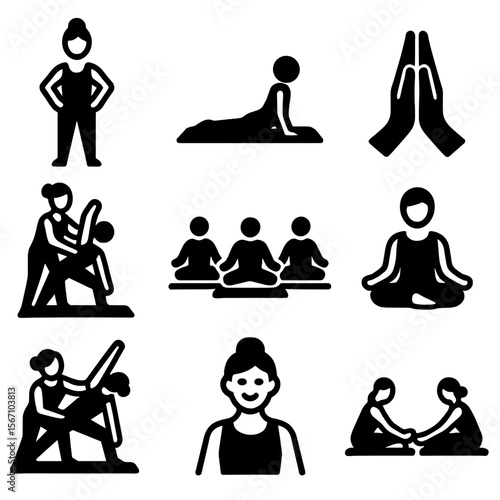 Yoga Icon Set. Solid, filled icon set of yoga instructors and students: yoga teacher, student on mat, hands in namaste, instructor