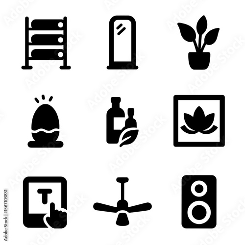 Yoga Studio Icons. Solid, filled icon set of yoga studio elements: yoga mat rack, floor mirror, indoor plant, calming light,