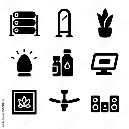 Yoga Studio Icons. Solid, filled icon set of yoga studio elements: yoga mat rack, floor mirror, indoor plant, calming light,