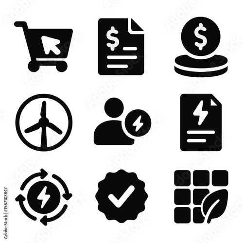 Renewable Energy Icons. Solid, filled icons set of REC purchase and usage: buy icon, invoice file, credit