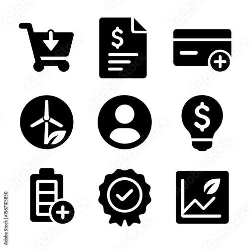 Renewable Energy Icons. Solid, filled icons set of REC purchase and usage: buy icon, invoice file, credit