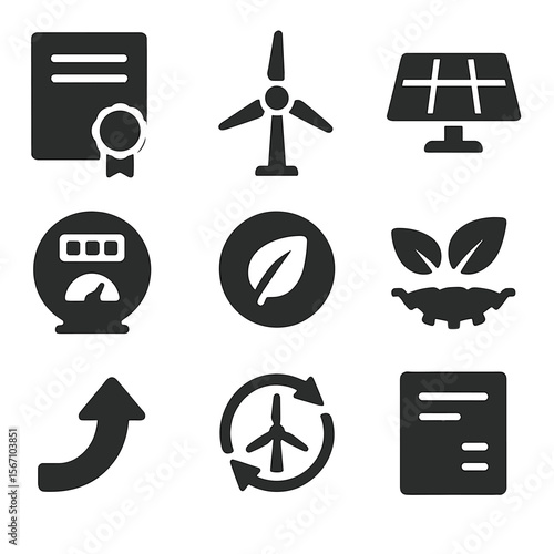 Renewable Energy Icons. Solid, filled icons set of renewable energy credits: REC certificate, wind turbine,