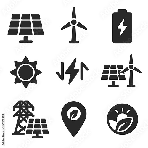 Renewable Energy Icons. Solid, filled icons set of renewable energy integration: solar panel, wind turbine,