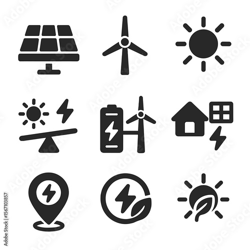 Renewable Energy Icons. Solid, filled icons set of renewable energy integration: solar panel, wind turbine,