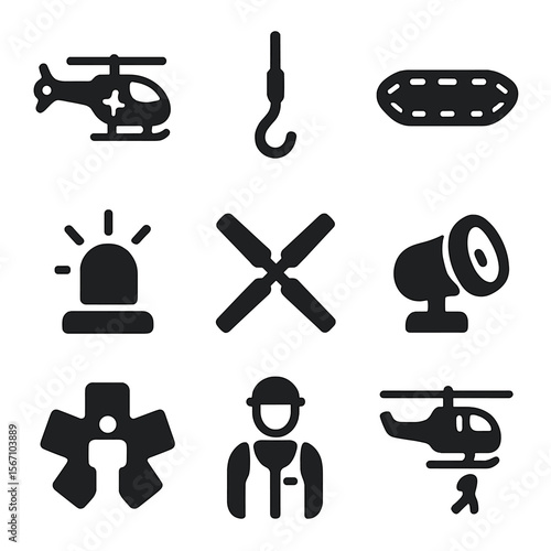 Rescue Operation Icons. Solid, filled icons set of helicopters and aircraft involved in rescue operations: