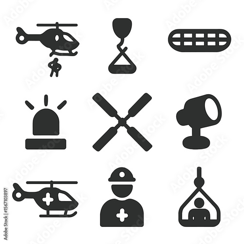 Rescue Operation Icons. Solid, filled icons set of helicopters and aircraft involved in rescue operations: