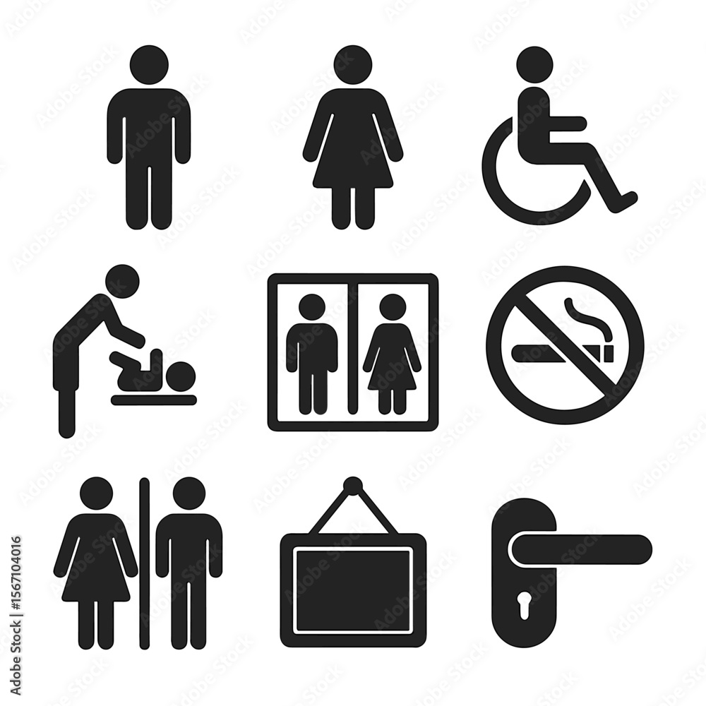 Restroom Access Icons. Solid, filled icons set of restroom signage and access: male icon, female icon, Restroom Access Icons. Solid, filled icons set of restroom signage and access: male icon, female icon,