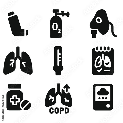 Respiratory Health Icons. Solid, filled icons set of respiratory health management: inhaler, oxygen tank,