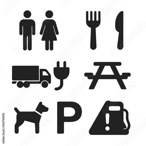 Rest Stop Icons Grid. Solid, filled icons set of rest stop signage: restroom male/female, food & drink sign,