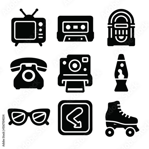 Retro Icon Set. Solid, filled icons set of retro party aesthetics: vintage TV, cassette tape, jukebox,
