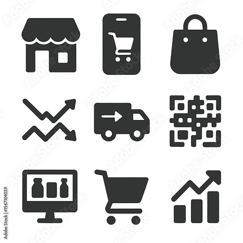 Retail Trends Icons. Solid, filled icons set of in-store vs online retail trends: physical store, mobile app,