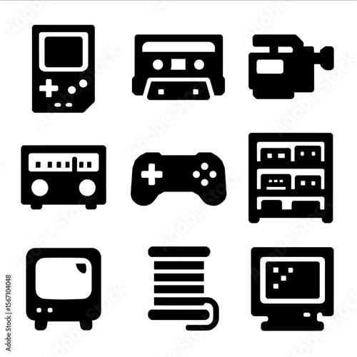 Retro Gadget Icons. Solid, filled icons set of collecting old gadgets: rare game console, audio cassette,