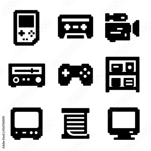 Retro Gadget Icons. Solid, filled icons set of collecting old gadgets: rare game console, audio cassette,