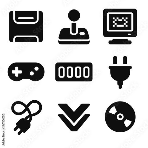 Retro Gaming Icons. Solid, filled icons set of gamer nostalgia decor: cartridge console, arcade joystick,