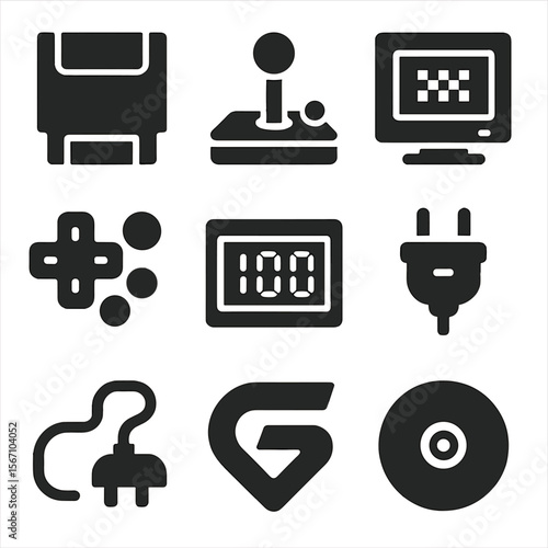 Retro Gaming Icons. Solid, filled icons set of gamer nostalgia decor: cartridge console, arcade joystick,