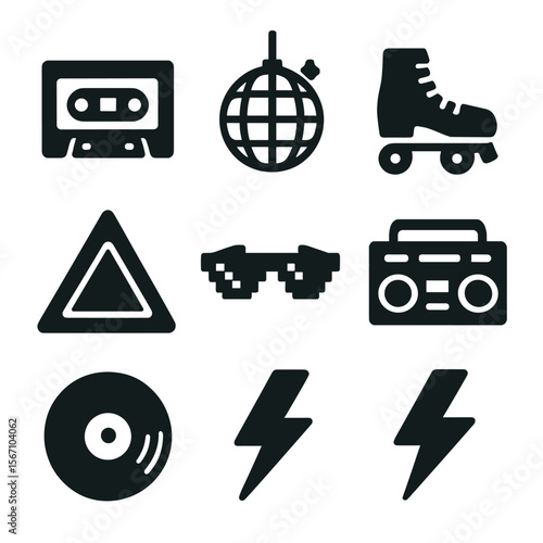 Retro Summer Icons. Solid, filled icons set of retro 80s-style summer festivals: cassette tape, disco ball,