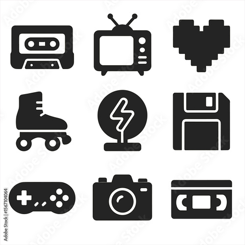 Retro Icons Grid. Solid, filled icons set of retro and nostalgia branding: cassette tape, vintage TV, pixel
