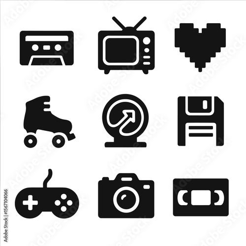 Retro Icons Grid. Solid, filled icons set of retro and nostalgia branding: cassette tape, vintage TV, pixel