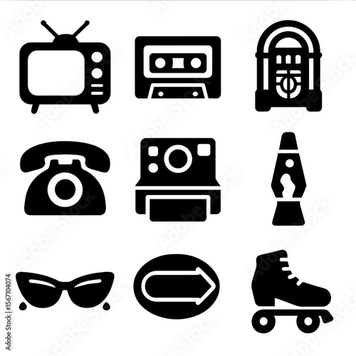 Retro Icon Set. Solid, filled icons set of retro party aesthetics: vintage TV, cassette tape, jukebox,
