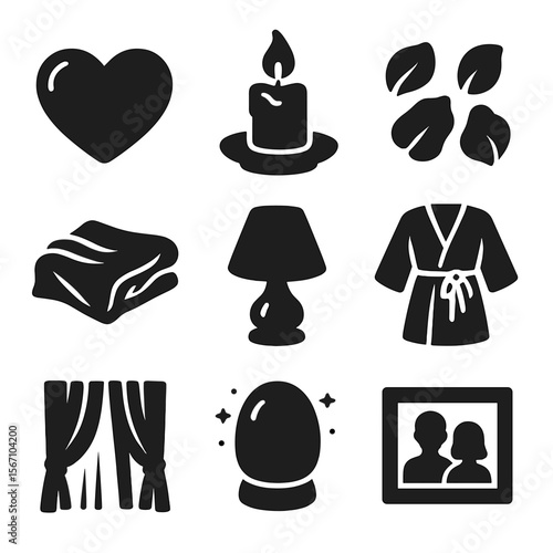 Romantic Bedroom Icons. Solid, filled icons set of romantic cozy bedroom touches: heart pillow, candlelight,