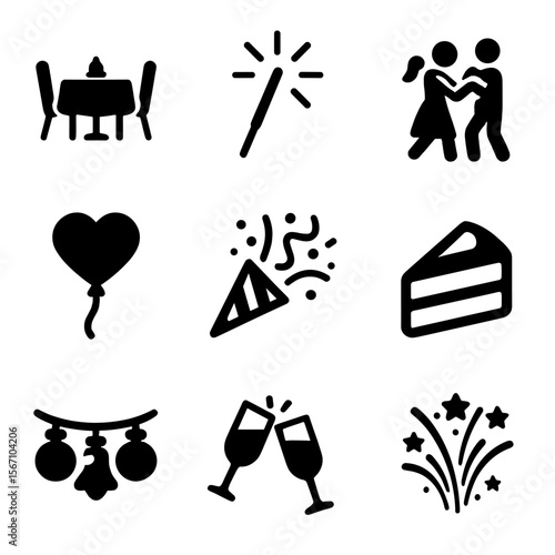 Romantic Celebration Icons. Solid, filled icons set of romantic celebrations and events: date night icon,
