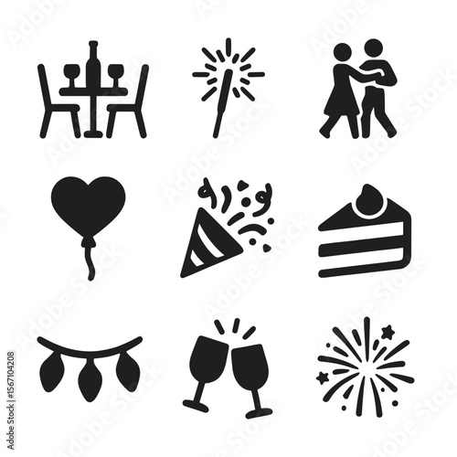 Romantic Celebration Icons. Solid, filled icons set of romantic celebrations and events: date night icon,