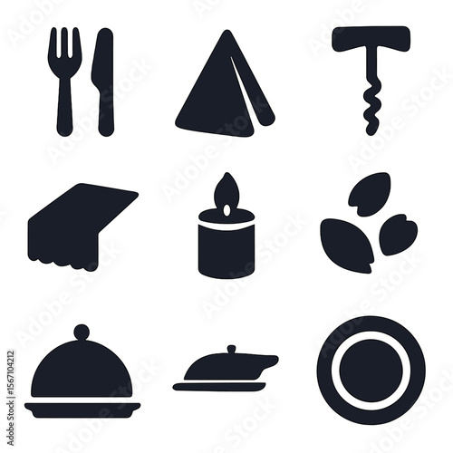 Romantic Dining Icons. Solid, filled icons set of romantic dining accessories: polished cutlery, folded napkin