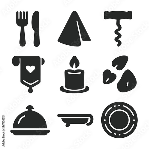 Romantic Dining Icons. Solid, filled icons set of romantic dining accessories: polished cutlery, folded napkin