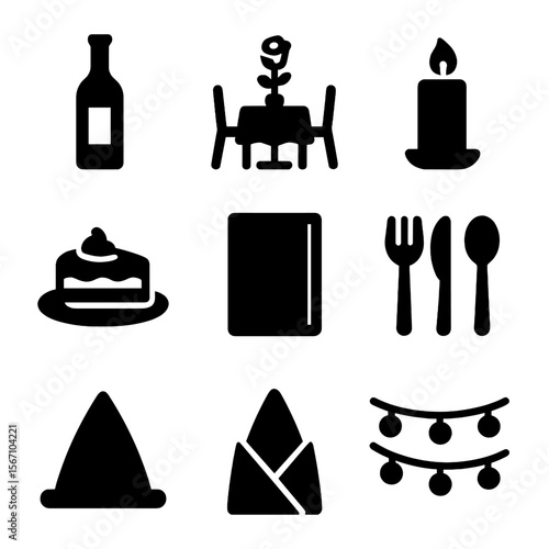 Romantic Dinner Icons. Solid, filled icons set of romantic dinner date: wine bottle, table for two, rose