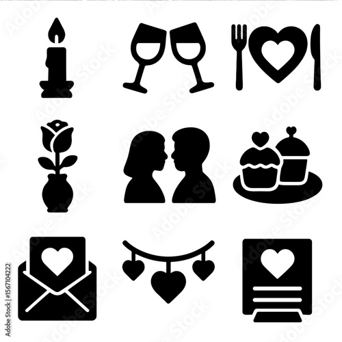 Romantic Dinner Icons. Solid, filled icons set of romantic dinner dates and intimate moments: candlelight,