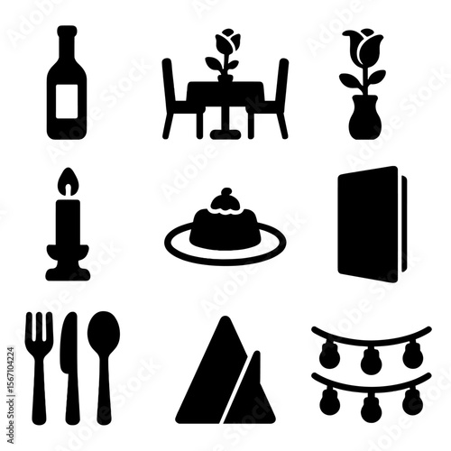 Romantic Dinner Icons. Solid, filled icons set of romantic dinner date: wine bottle, table for two, rose