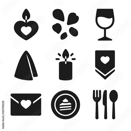 Romantic Dinner Icons. Solid, filled icons set of romantic dinner decor: heart candle, rose petals, wine glass