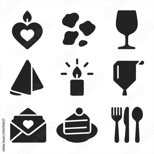 Romantic Dinner Icons. Solid, filled icons set of romantic dinner decor: heart candle, rose petals, wine glass