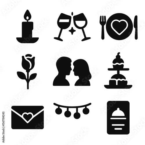 Romantic Dinner Icons. Solid, filled icons set of romantic dinner dates and intimate moments: candlelight,