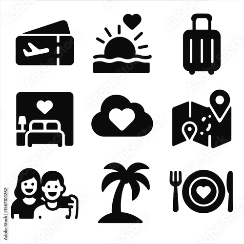 Romantic Getaway Icons. Solid, filled icons set of romantic getaway moments: airplane ticket, beach sunset,
