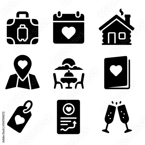 Romantic Getaway Icons. Solid, filled icons set of romantic getaway moments: packed suitcase, weekend calendar