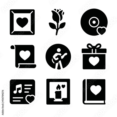 Romantic Gifts Icons. Solid, filled icons set of romantic gifts in art form: framed love art, hand-painted