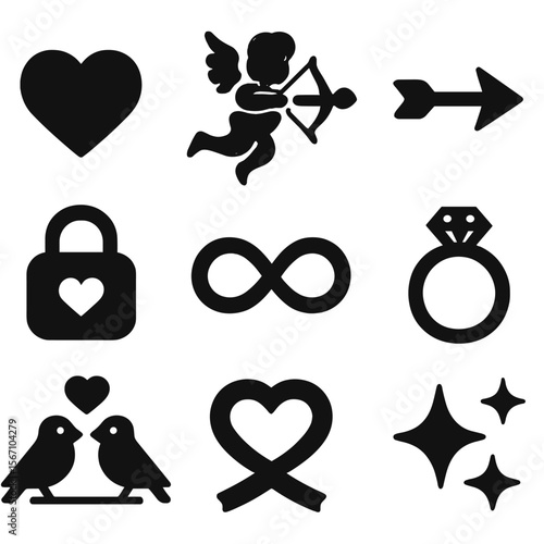 Romantic Icon Grid. Solid, filled icons set of romantic symbols: heart, cupid, arrow, key and lock, infinity