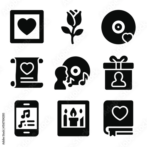 Romantic Gifts Icons. Solid, filled icons set of romantic gifts in art form: framed love art, hand-painted