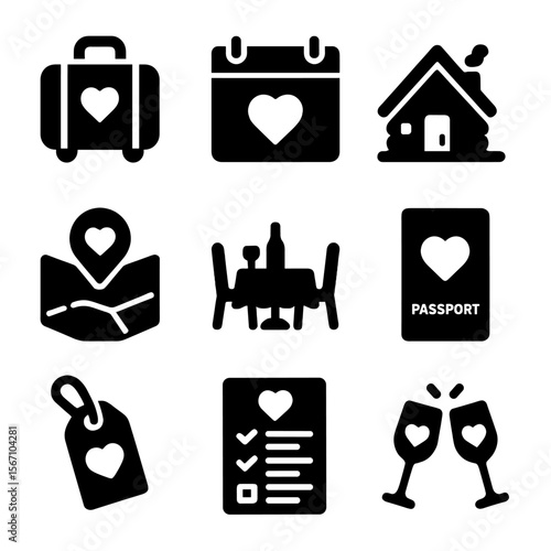 Romantic Getaway Icons. Solid, filled icons set of romantic getaway moments: packed suitcase, weekend calendar