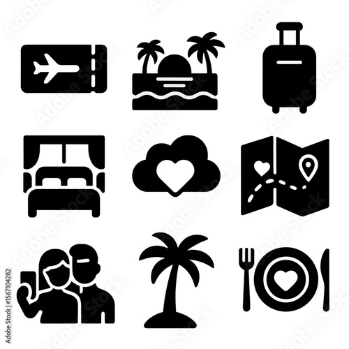 Romantic Getaway Icons. Solid, filled icons set of romantic getaway moments: airplane ticket, beach sunset,