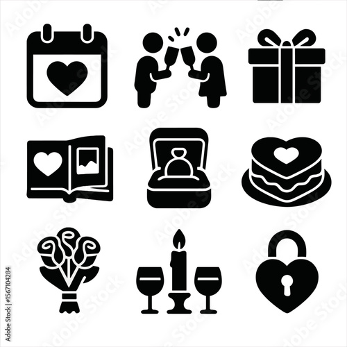Romantic Milestone Icons. Solid, filled icons set of anniversaries and romantic milestones: calendar heart,