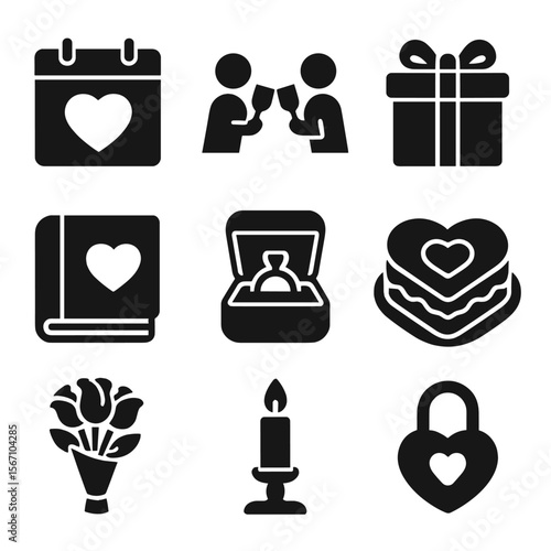 Romantic Milestone Icons. Solid, filled icons set of anniversaries and romantic milestones: calendar heart,