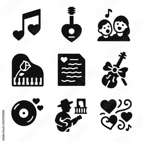 Romantic Music Icons. Solid, filled icons set of musical expressions of love: love note, heart-shaped guitar,