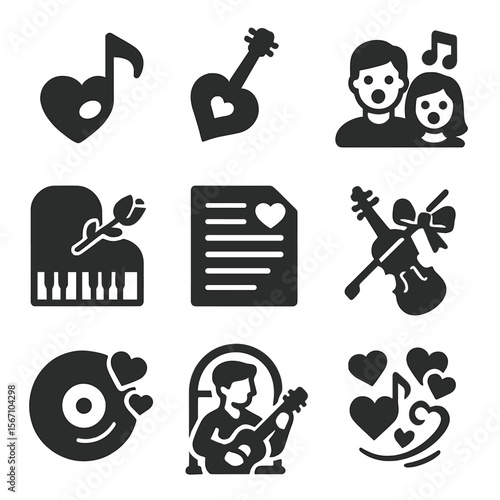 Romantic Music Icons. Solid, filled icons set of musical expressions of love: love note, heart-shaped guitar,