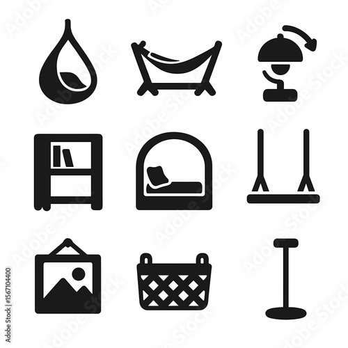 Room Accent Icons. Solid, filled icons set of multifunctional room accents: hanging seat, foldable hammock,