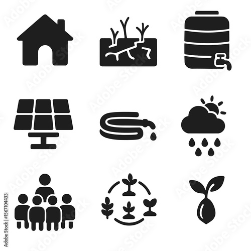 Rural Climate Adaptation Icons. Solid, filled icons set of rural communities and their adaptation to changing